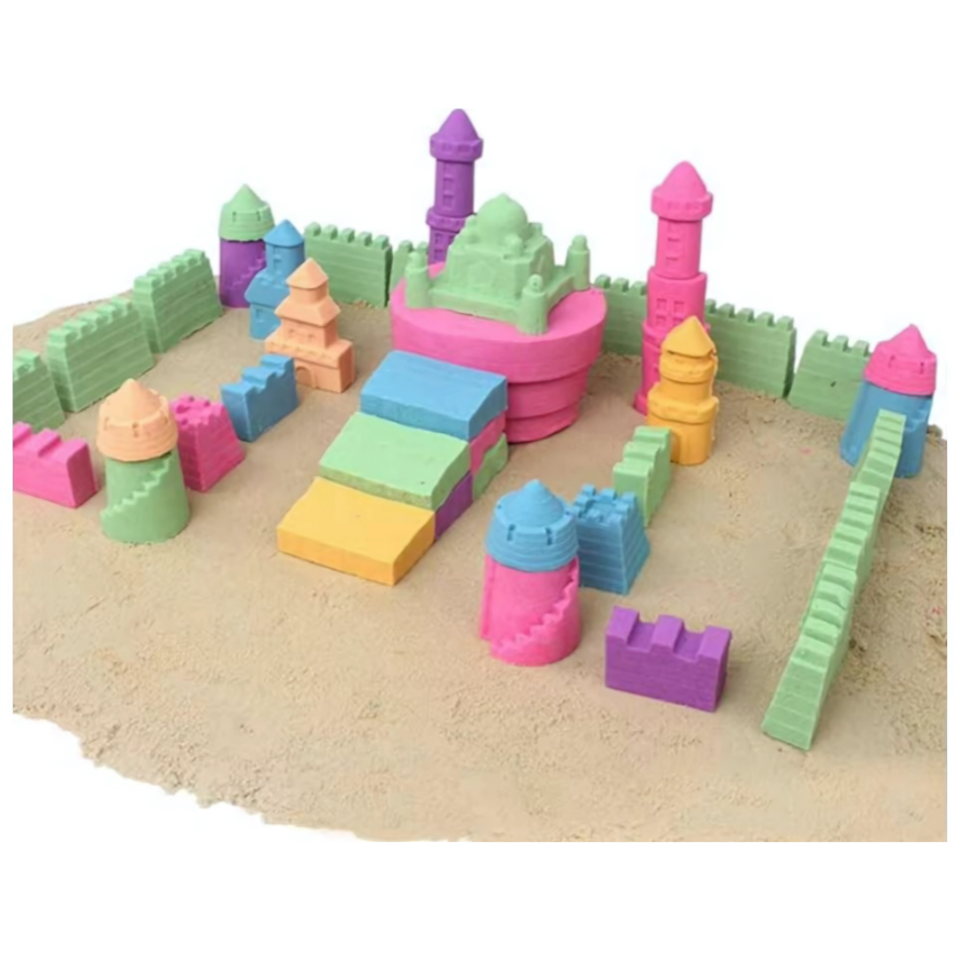 Set de 14 piezas y 500 gramos de arena mágica sensorial azul y rosa