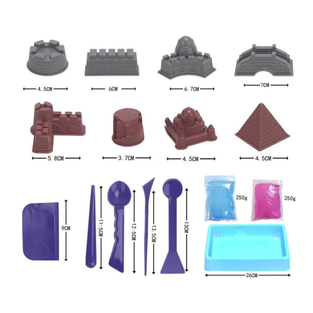 Set de 14 piezas y 500 gramos de arena mágica sensorial azul y rosa